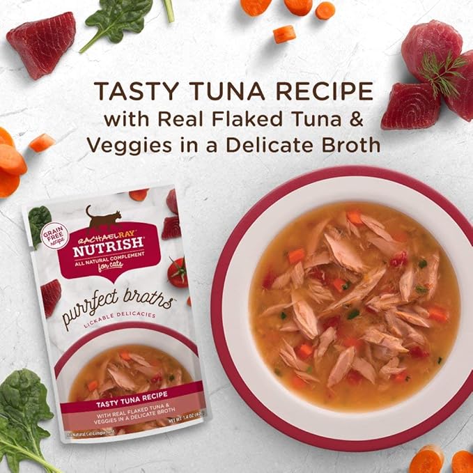 Rachael Ray Nutrish Purrfect Broths Wet Cat Food, Tasty Tuna Recipe with Flaked Tuna & Veggies, 1.4 Ounce Pouch (Pack of 24), Grain Free