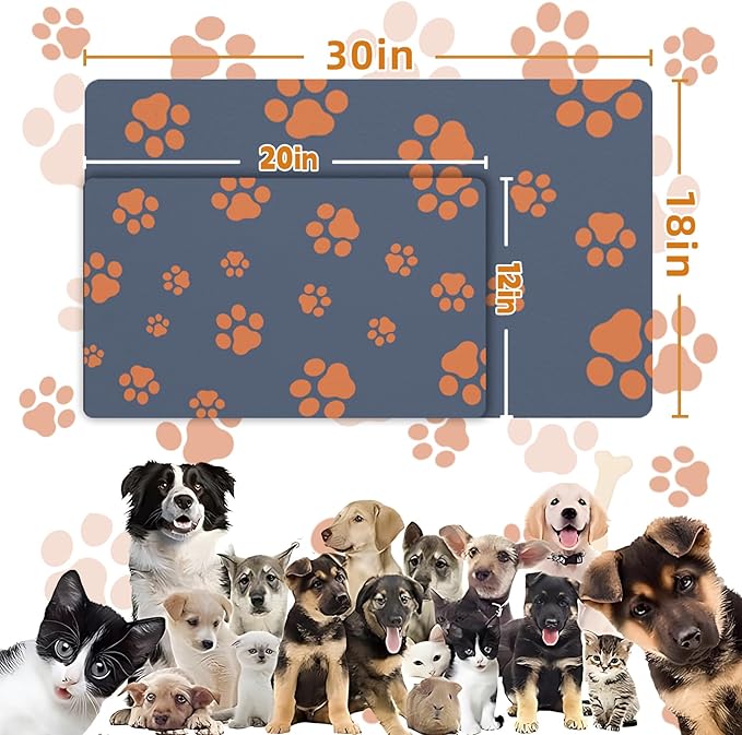 18"×30" Dog Food Mat-Absorbent Dog Mat for Food and Water, No Stains Quick Dry Cat Dog Food Bowl Mat Non Skid Dog Feeding Mat with Footprints for Messy Drinkers Blue