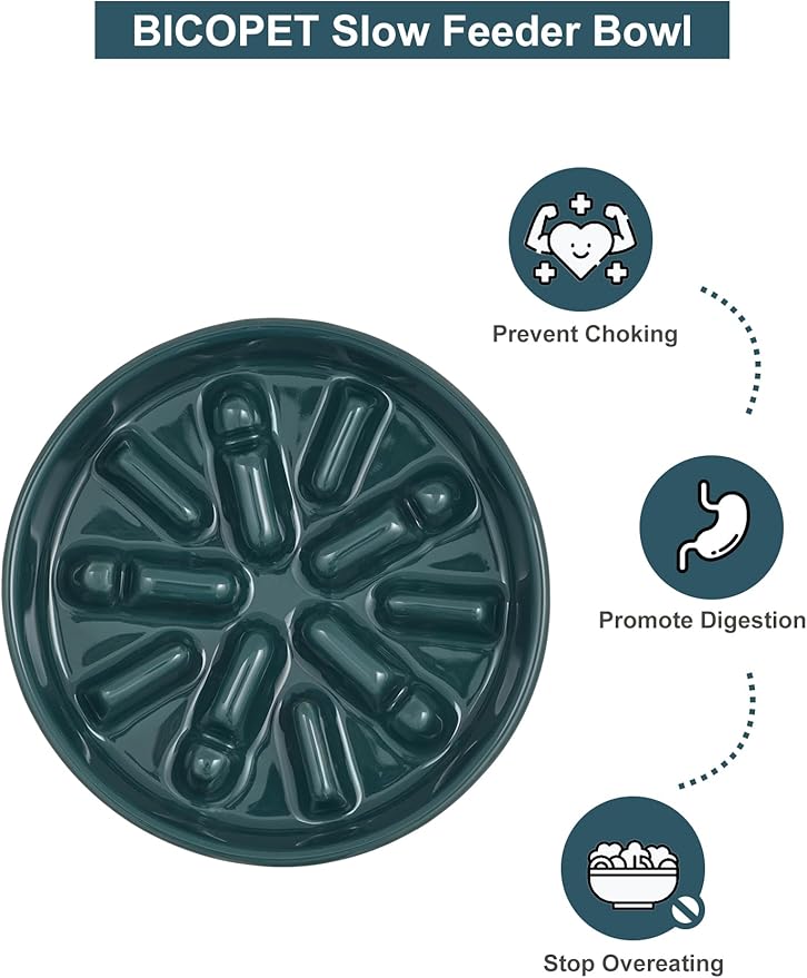 Ceramic Maze Dog Slow Feeder with Non-Slip Silicone Rim (& Bamboo Stand) – Heavy-Duty Stoneware Bowl with Puzzle Pattern for Bloating & Obesity Prevention (Raised-Blue-S)