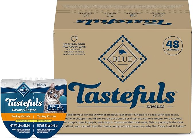 Blue Buffalo Tastefuls Savory Singles Natural Wet Cat Food in Gravy, 2.6-oz. Twin-Pack Tray, Turkey Entreé (24 Count)