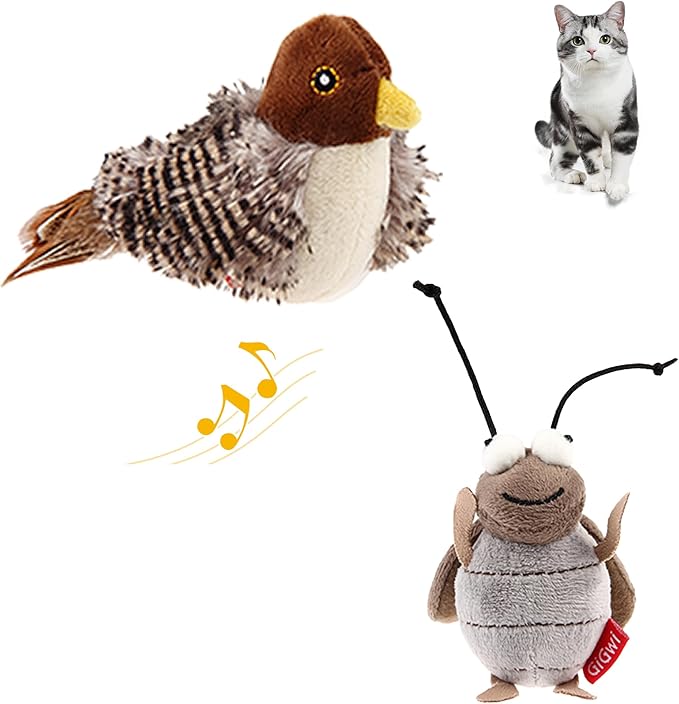 PETGEEK Gigwi Simulated Chirping Bird Cat Toy, Fake Toys for Indoor Cats, Cat Feather Toy with Hanging Loop for Bored Indoor Adult Cats Kittens Interactive Play (Bird-Cricket, Chirping)
