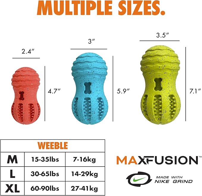 Max Fusion Made with Nike Grind, Arlee Weeble Treat Dispensing Dog Toy, Treat Dispenser, Durable Treat Toys for All Dogs, Natural Rubber Chew Toy, Large, Yellow, 1 Count