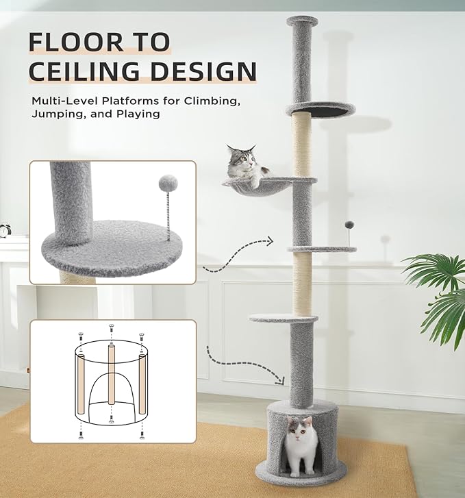 Made4Pets Floor to Ceiling Cat Tree 93-106'',Tall Cat Tower 5 Tiers,Adjustable Height, Stable Cat Tree Tower with Scratching Posts, Fluffy Condo, Hammock and Ball Toy for Indoor Cats/Kitten, Gray