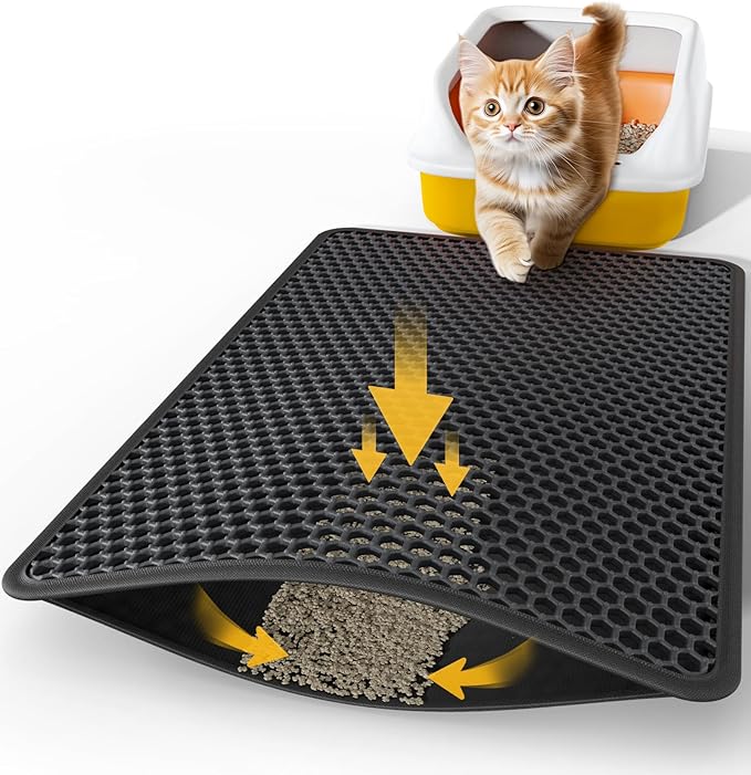 27" x 19" Cat Litter Mat - Ultra-Large Litter Box Mat with Double Layers, Urine-Proof and Non-Slip Litter Trapping Mat, Easy to Clean Kitty Litter Mats for Floor, Scatter Control, Black