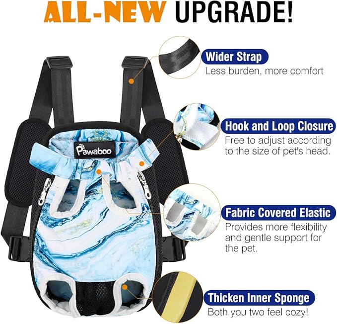 Pawaboo Pet Carrier Backpack, Adjustable Pet Front Cat Dog Carrier Backpack Travel Bag, Legs Out, Easy-Fit for Traveling Hiking Camping for Small Medium Dogs Cats Puppies, Extra Large, Blue Marble