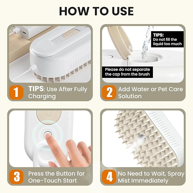 4 in 1 Cat Steam Brush for Shedding, Rechargeable Steam Brush with Foldable Handle, for Cats and Dogs Massaging and Cleaning, Multifunctional Hair Removal Comb (White)