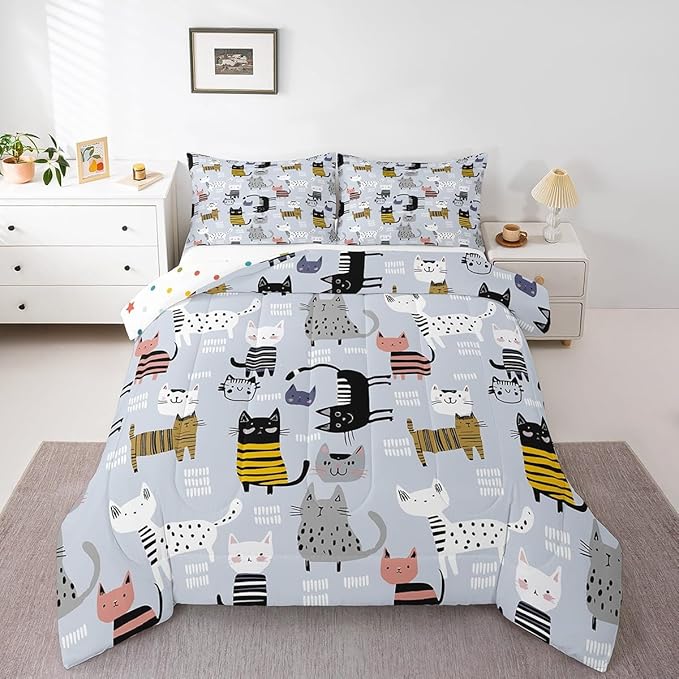 Erosebridal Kawaii Animal Comforter Twin Cute Cat Bedding for Girls Boys Kids, Black Polka Dots Bedding Sets & Collections, White Geometric Stripe Kitten Down Comforter, Funny Pet Bed Set Microfiber