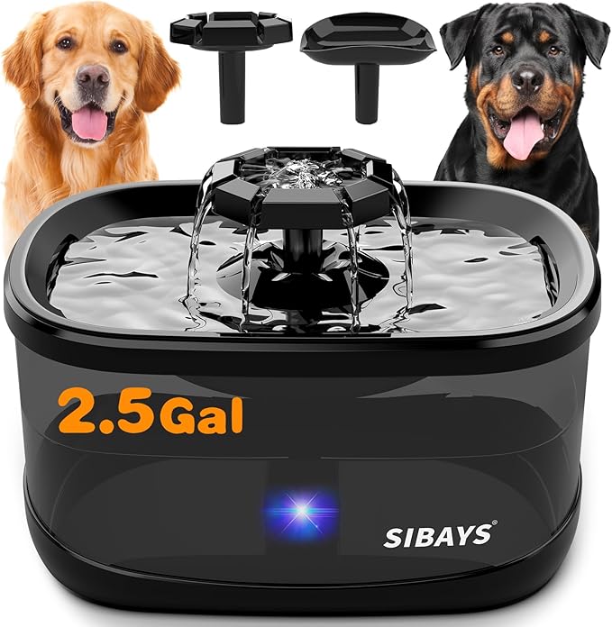SIBAYS 2.5Gal/9.5L Dog Water Fountain, 3 Flow Modes Pet Water Fountain for Cats, Dog Water Bowl Dispenser with 7" Large Filter & Ultra Quiet Pump, BPA-Free, Ideal for Large Dogs, Multi-pet(FS68)