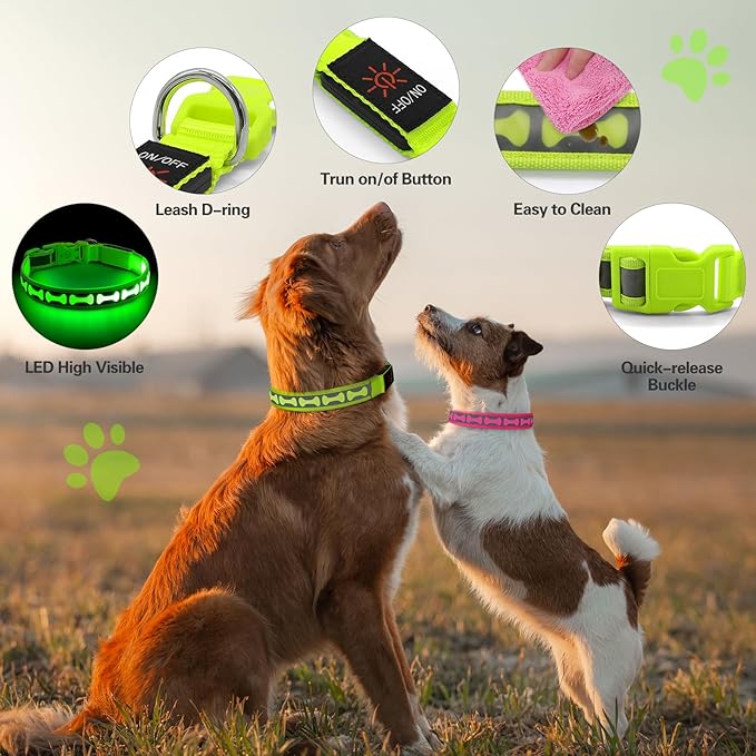Flashseen Light Up Dog Collars, Adjustable LED Dog Collar Rechargeable, Glow in The Dark Dog Collars Super Bright Glow Collars for Night Walking for Dogs (Green, Small)