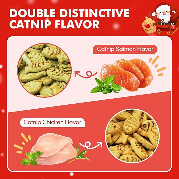 Christmas Catnip Cat Treats, Chicken and Salmon Flavor, Cat Gifts for Christmas, Crunchy Fish Shape Adult Biscuits, 16 oz