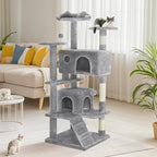 DUMOS 54-inch Indoor Cat Tree Tower –Multi-Level Pet House for Large Cats with 2 Condos, Scratching Posts, Round Platform, Small Ladder, and Toys, Light Grey