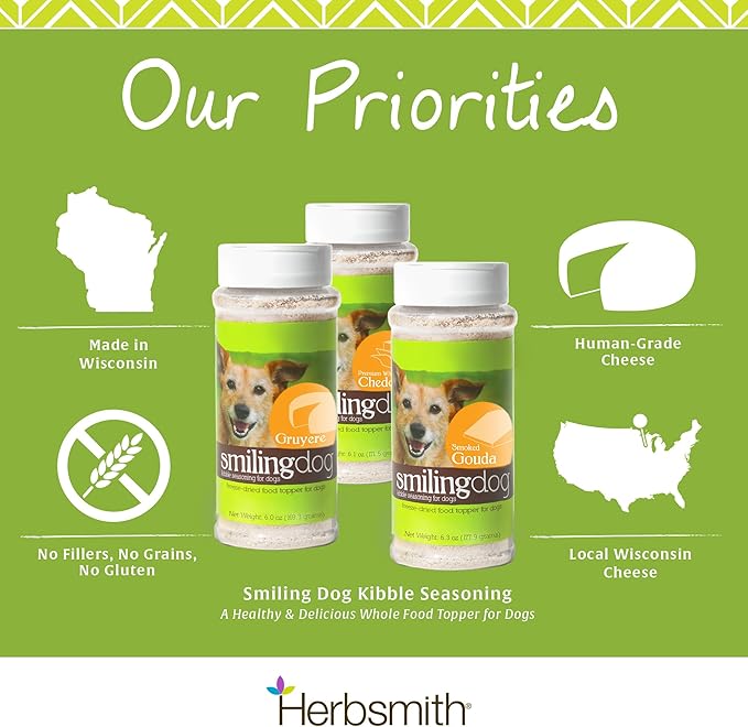 Herbsmith Smiling Dog Kibble Seasoning – Freeze Dried Cheese Food Topper - Premium White Cheddar – All Natural, Human-Grade Topper for Dogs 6.2 oz