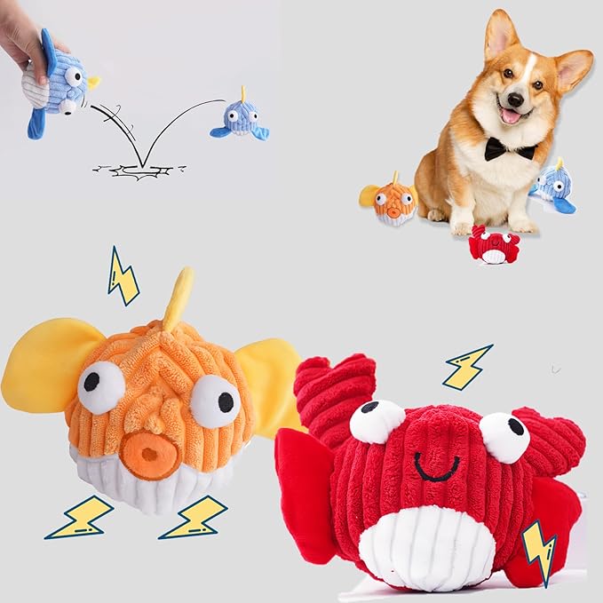Squeak Dog Toys for Aggressive Chewers, No Stuffing Squeak Dog Chew Toys for Aggressive Chewers, Interactive Dog Toy Ball with Crinkle Paper for Medium Dogs, Large & Small Breeds (E-Crab+Fish)
