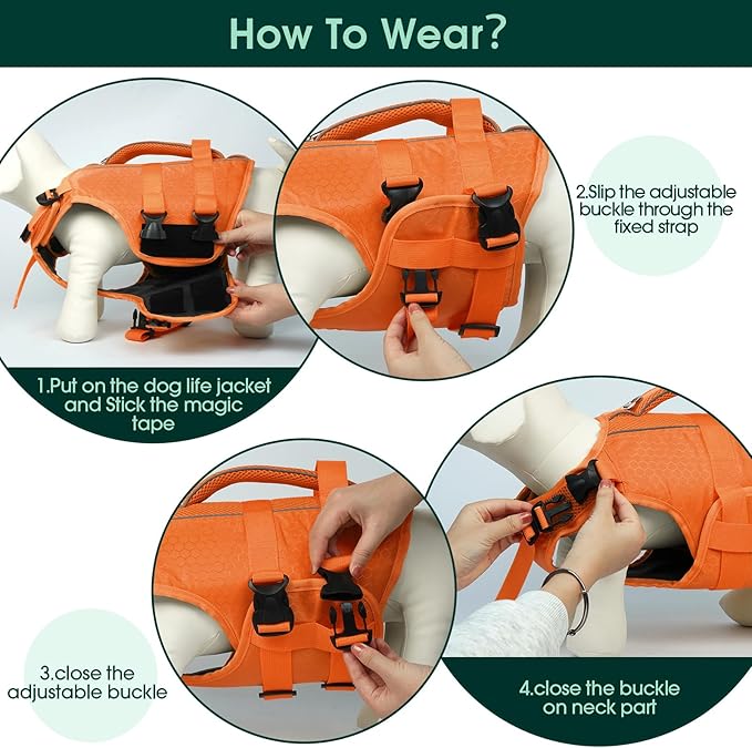 Kuoser Dog Life Jacket High Flotation, Reflective Dogs Life Vest for Swimming Boating, Adjustable Small Medium Large Dog lifejacket, Lightweight Dogs Life Preserver Rescue Handle Spring Summer Pool