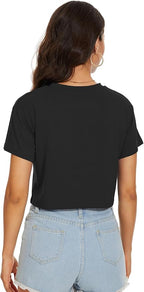 Womens Summer Crop Tops Short Sleeve Round Neck T-Shirts Loose Fit Casual Blouse