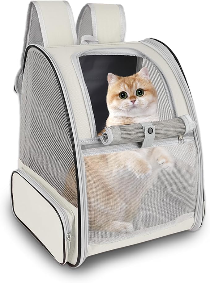 Cat Backpack Carrier,Pet Carrier Airline Approved for Small Dog Cat Puppy Kitten Bunny,Ventilated Mesh Design Animal Backpack for Hiking Camping Travel Bag (Creamy White)