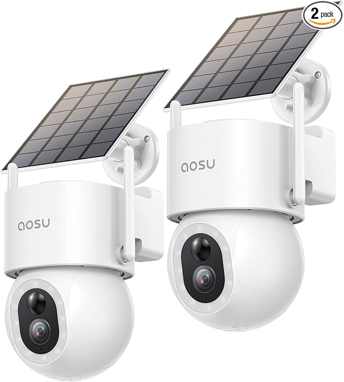 AOSU Solar Security Cameras Wireless Outdoor - 3K 5MP Home Security Camera, 360° Panoramic View, 400-Lumen Floodlight Camera, Color Night Vision, WiFi Cameras, Auto Tracking, AI Human Detection,2 Pack