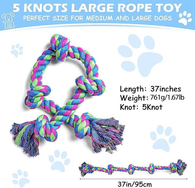Dog Rope Toys for Large Medium Dog Chewers, Rope Indestructible Dog Chew Toys, 37 Inch 5 Knots Tough Dog Tug Toy for Teeth Cleaning, Tug of War