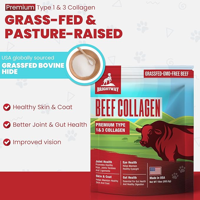 Grass fed Collagen for Dogs - Supports Health Skin & Coat, Hip, Joint Care & Cartilage Support + Skin Health and Mobility, 100% All Natural Collagen