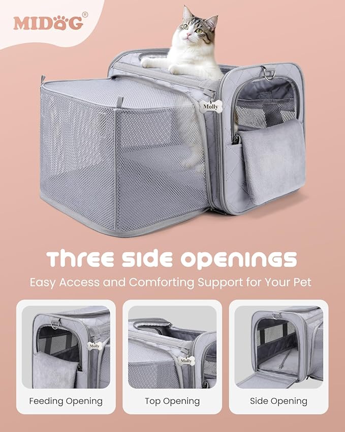 MIDOG Cat Carrier Soft for Small to Medium-Sized Cats,Up to 15 Lbs, TSA Airline Approved Soft Sided Pet Carrier,Collapsible Travel Cat Carry Bag(Grey)