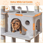 Taoqimiao Large Cat Tree，73-Inch Cat Tree Tower with 9 Scratching Posts for Indoor Cats, 2 Large Cat Condo with Hammock, Hanging Basket, 2 Extended Platform, Light Gray MS013XLW