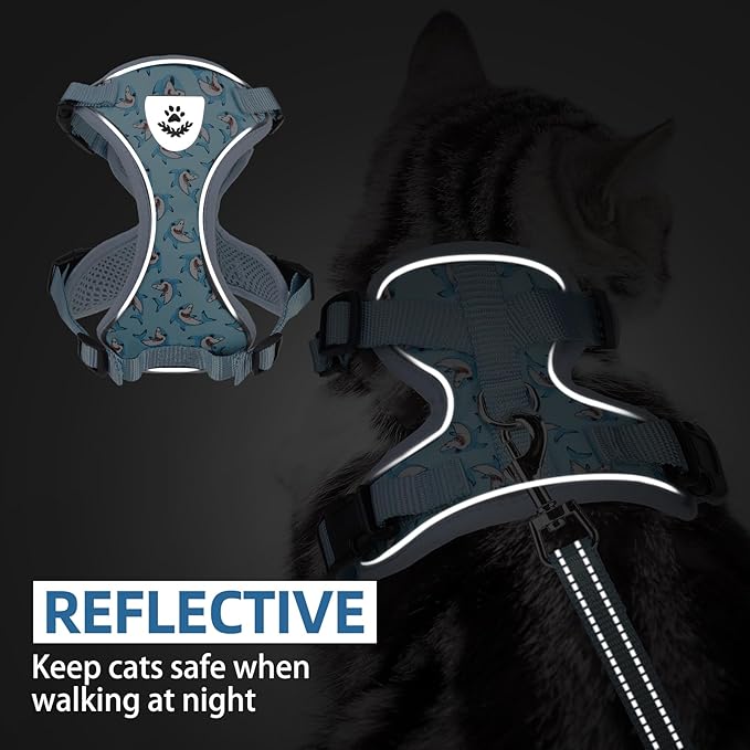 PUPTECK Cat Harness and Leash Set Escape Proof Reflective Cat Walking Harness Adjustable Soft Breathable Mesh Vest for Small Pets, Blue Sharks, M