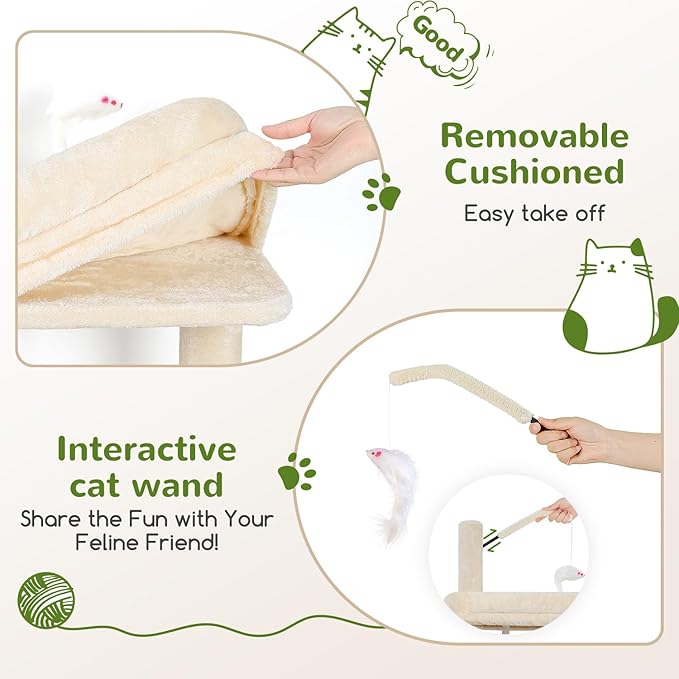 Globlazer F50 Cat Tower for Adult Indoor Cats, 50-inch Heavy Duty Cat Tree for Big Cats, Cat Tree House with Extra-Large Padded Platform, Sisal Scratching Board, 2 Large Condos, Beige