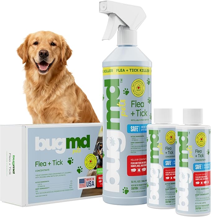 BugMD Flea and Tick Concentrate (3.7 oz, 2 Pack) – Essential Oil Formula for Dogs, Controls Fleas, Ticks & Mites, Safe for Pet Beds, Kennels & Home Use