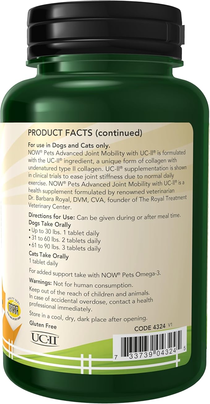 NOW Pets, UC-II® Advanced Joint Mobility for Dogs and Cats, Veterinarian formulated, Help Maintain Cartilage and Connective Tissue*, 60 Chewable Tablets (60 Grams)