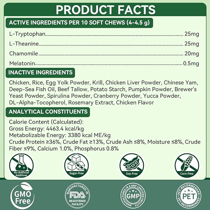 YOTANGO Cat Calming Treats – 500 Crunchy Calming Chews for Cats Kittens, Anxiety Relief & Stress Reduction for Travel, Thunder, Vet Visits, with Chamomile, L-Theanine & L-Tryptophan (Chicken Flavor)