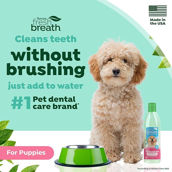 TropiClean Fresh Breath Water Additive for Puppies, Teeth Cleaning and Breath Freshener Solution, No Toothpaste or Toothbrush Required, 16oz.