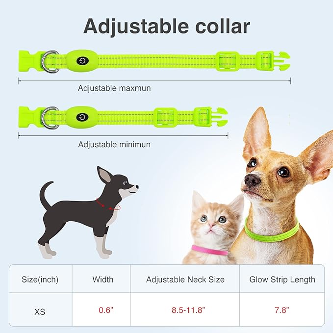 YFbrite Light up Dog Collars, USB Rechargeable LED Dog Collar, Adjustable LED Cat Collar, Durable Flashing Collar for Cats, Puppy, Small, Medium, Large Dogs (Green, XS)