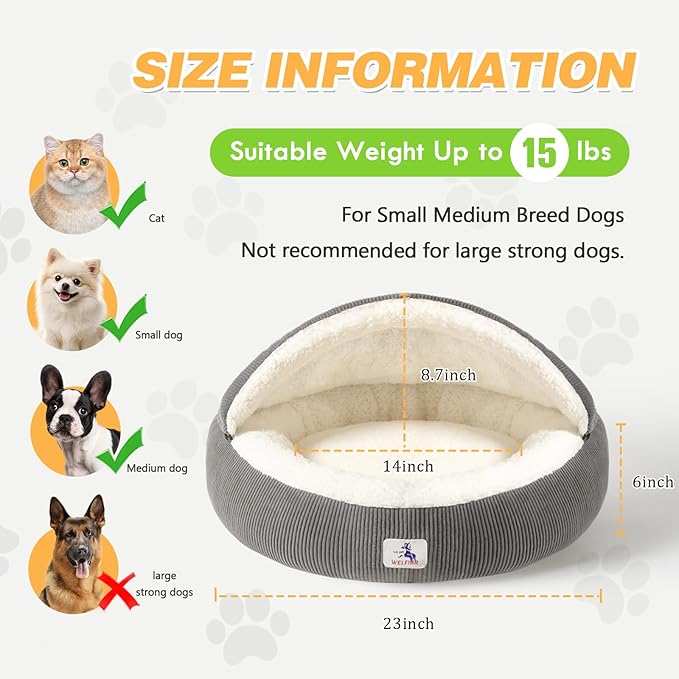 23" Covered Cat Bed Cave for Indoor Cats and Small Dogs - Enclosed Cozy Pet Bed with Hooded Roof for Added Security & Warmth, Washable & Removable Cushion, Anti-Slip Bottom Cat House, Gray
