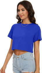Womens Summer Crop Tops Short Sleeve Round Neck T-Shirts Loose Fit Casual Blouse