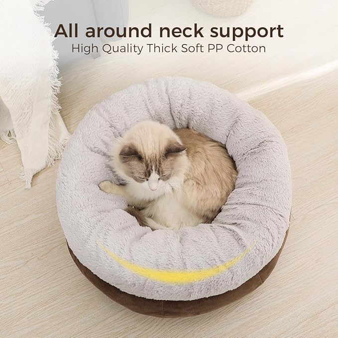 Cat Bed for Indoor Cats,Round Cat Bed for Small Pets,Washable Pet Bed with Non-Skid Bottom,Pet Bed for Puppy and Kitty,19 Inches,Brown
