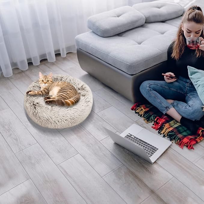 Cat Beds for Indoor Cats,24 Inch Dog Bed for Small Melium Large Dogs, Washable-Round Pet Bed for Puppy and Kitten with Slip-Resistant Bottom