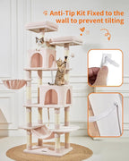 TaoqimiaoCat Tree Cat Tower for Indoor Cats, Plush Multi-Level Cat Condo with 12 Scratching Posts, 2 Perches, 2 Caves, Hammock, 2 Pompoms Jelly Pink