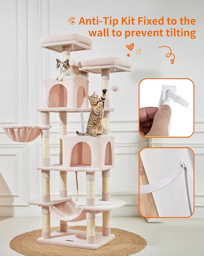 TaoqimiaoCat Tree Cat Tower for Indoor Cats, Plush Multi-Level Cat Condo with 12 Scratching Posts, 2 Perches, 2 Caves, Hammock, 2 Pompoms Jelly Pink