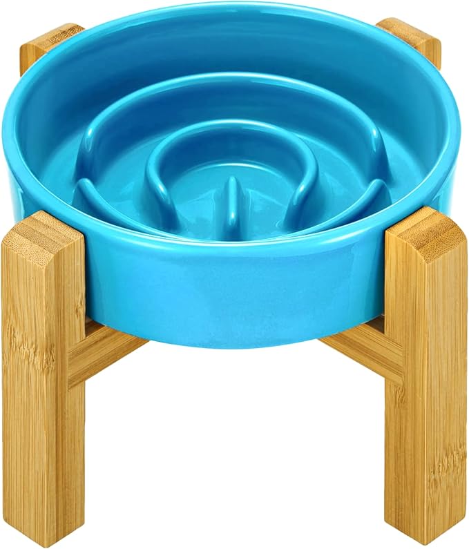 Ceramic Slow Feeder Dog Bowls Elevated, 0.6 Cup Slow Feeder for Small Dogs and Cats, Puzzle Maze Bowl, Prevents Choking, 6in, Blue