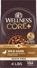 Wellness CORE+ (Formerly RawRev) Natural Grain Free Dry Dog Food, Wild Game Duck, Wild Boar & Rabbit with Freeze Dried Lamb, 4-Pound Bag