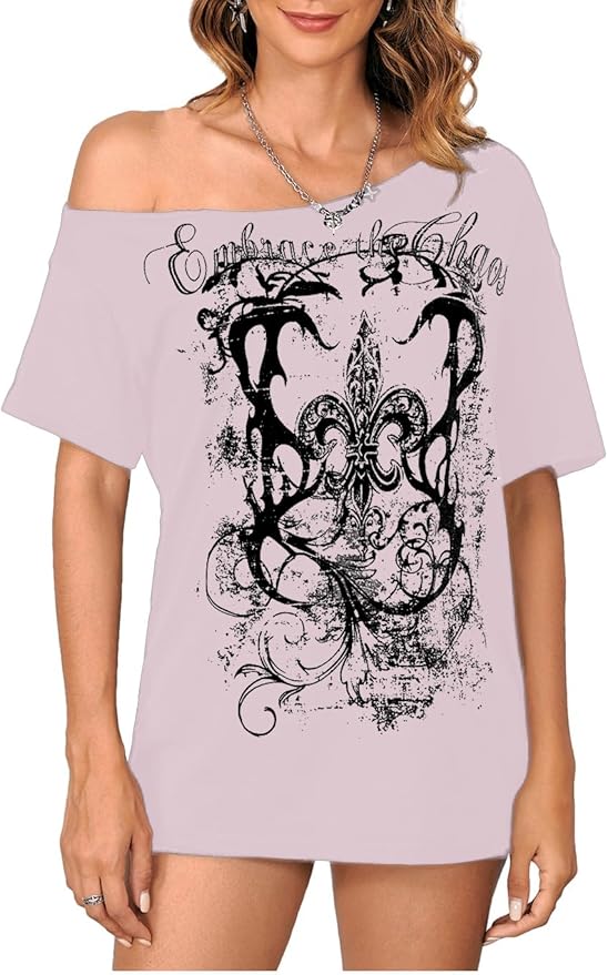 SOLY HUX Women's Off The Shoulder Tops Graphic Tees Y2k Vintage Gothic Oversized T Shirts Streetwear
