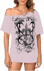 SOLY HUX Women's Off The Shoulder Tops Graphic Tees Y2k Vintage Gothic Oversized T Shirts Streetwear