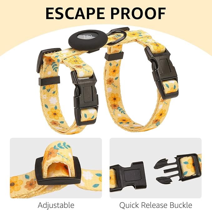 SCENEREAL Adjustable Cat Harness and Leash Set with AirTag Holder, Escape-Proof Design for Small to Large Cats, Lightweight Soft Travel Harness, Yellow Floral