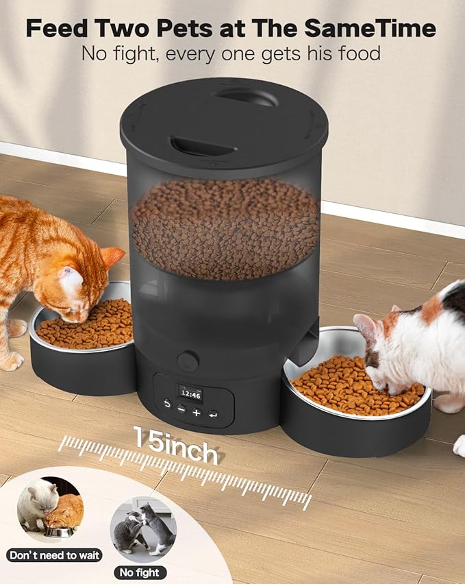 SURDY Automatic Cat Feeder for 2 Cats, 3L Food Dispenser Auto Cat Feeder with 2 Stainless Bowls, 10s Meal Call Dual Power Supply and Timer Setting 12 Portions 6 Meals Per Day for Cats and Dogs
