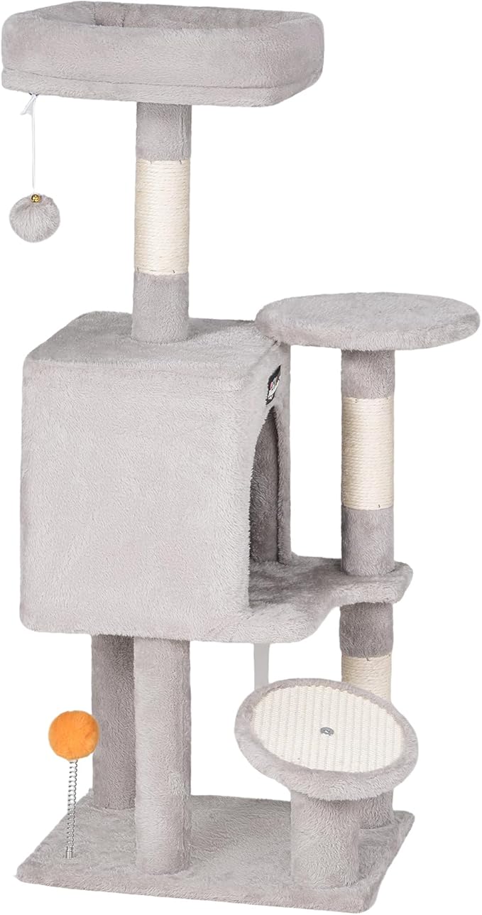 FourFurPets Small Cat Tree, Multi-Level Cat Tree for Indoor Cats, Cat Tower with Scratching Post, Cat Condo for Kittens, 39.4 inch, Light Gray