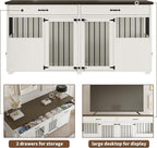 Dog Crate Furniture - Indoor Wood Dog Kennel Furniture 4 Doors with Divider and 2 Drawers - 72" L x 23.6" W x 34.8" H, White