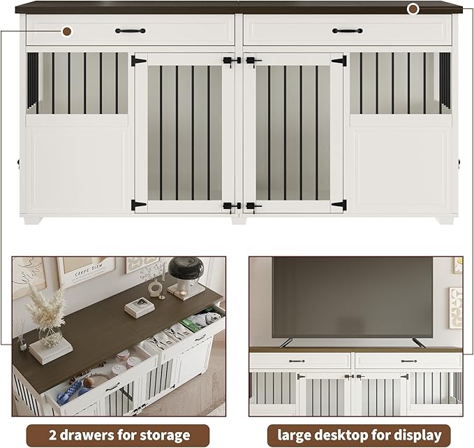 Dog Crate Furniture - Indoor Wood Dog Kennel Furniture 4 Doors with Divider and 2 Drawers - 72" L x 23.6" W x 34.8" H, White