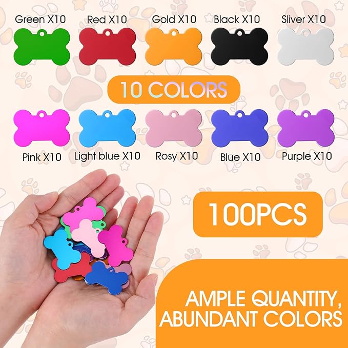 100 Pcs Blank Dog Pet ID Tags Number for Engraving 38MM Aluminum Bone Shape Name Tag Colorful Double Sided Dog Cat Phone Number Tag Pendants