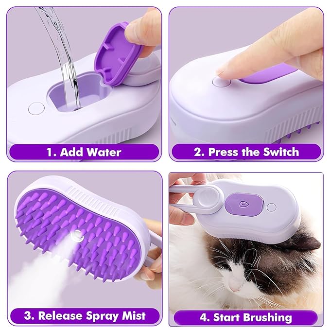 4-in-1 Cat & Dog Steam Deshedding Brush Series - Multi-Function Grooming Tool with Shedding, Cleaning, Massage & Combing -Includes Pet Finger Toothbrush for Dog＆Cat Teeth Cleaning(Purple)