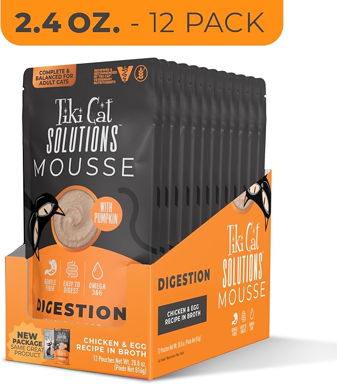 Tiki Cat Solutions Digestion Mousse, Chicken & Egg Recipe in Broth, Formulated to Support Healthy Digestion, Functional Wet Cat Food, 2.4 oz. Pouch (12 Count)
